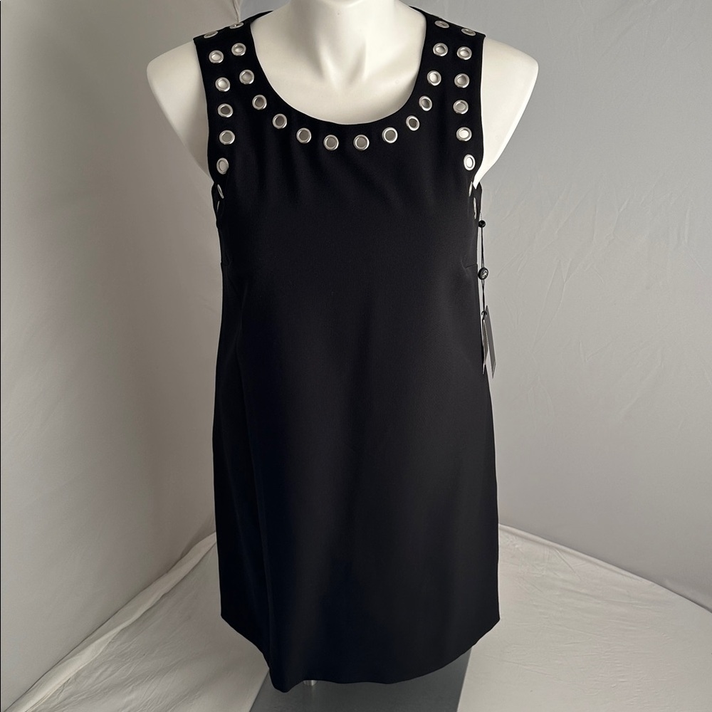 Adrianna Papell black stretch sleeveless shift dress with silver grommet detail